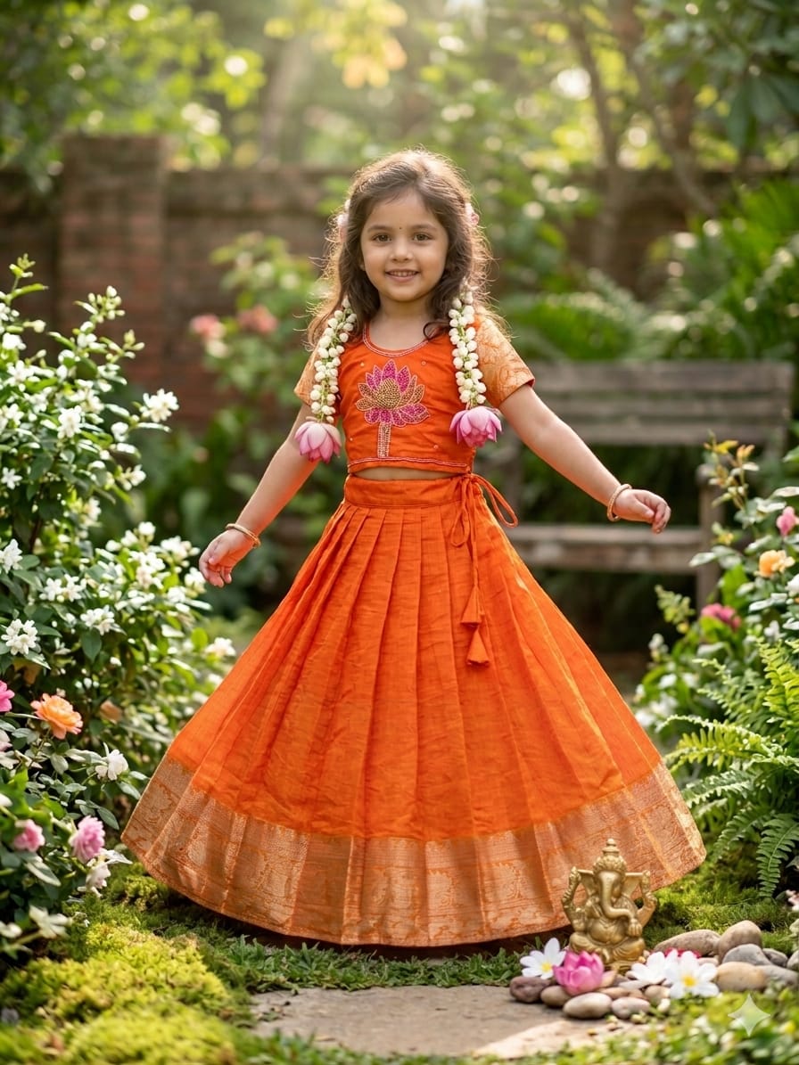 Orange Pure Kota Cheks Maggam Work Kids Gown 