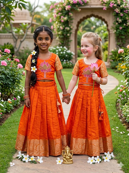 Orange Pure Kota Cheks Maggam Work Kids Gown 