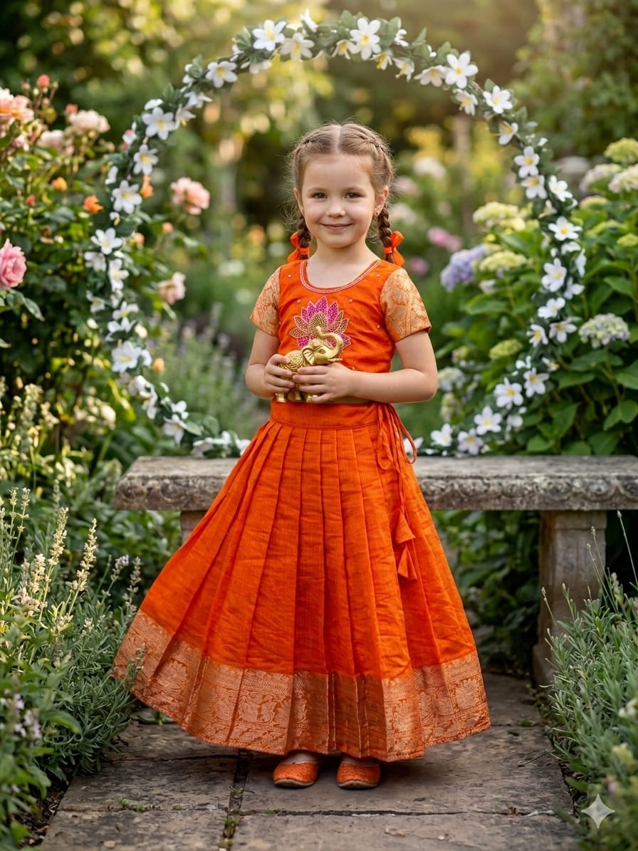 Orange Pure Kota Cheks Maggam Work Kids Gown 