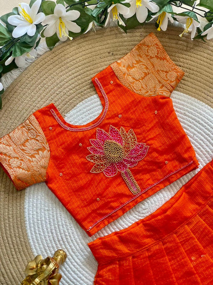 Orange Pure Kota Cheks Maggam Work Kids Gown 