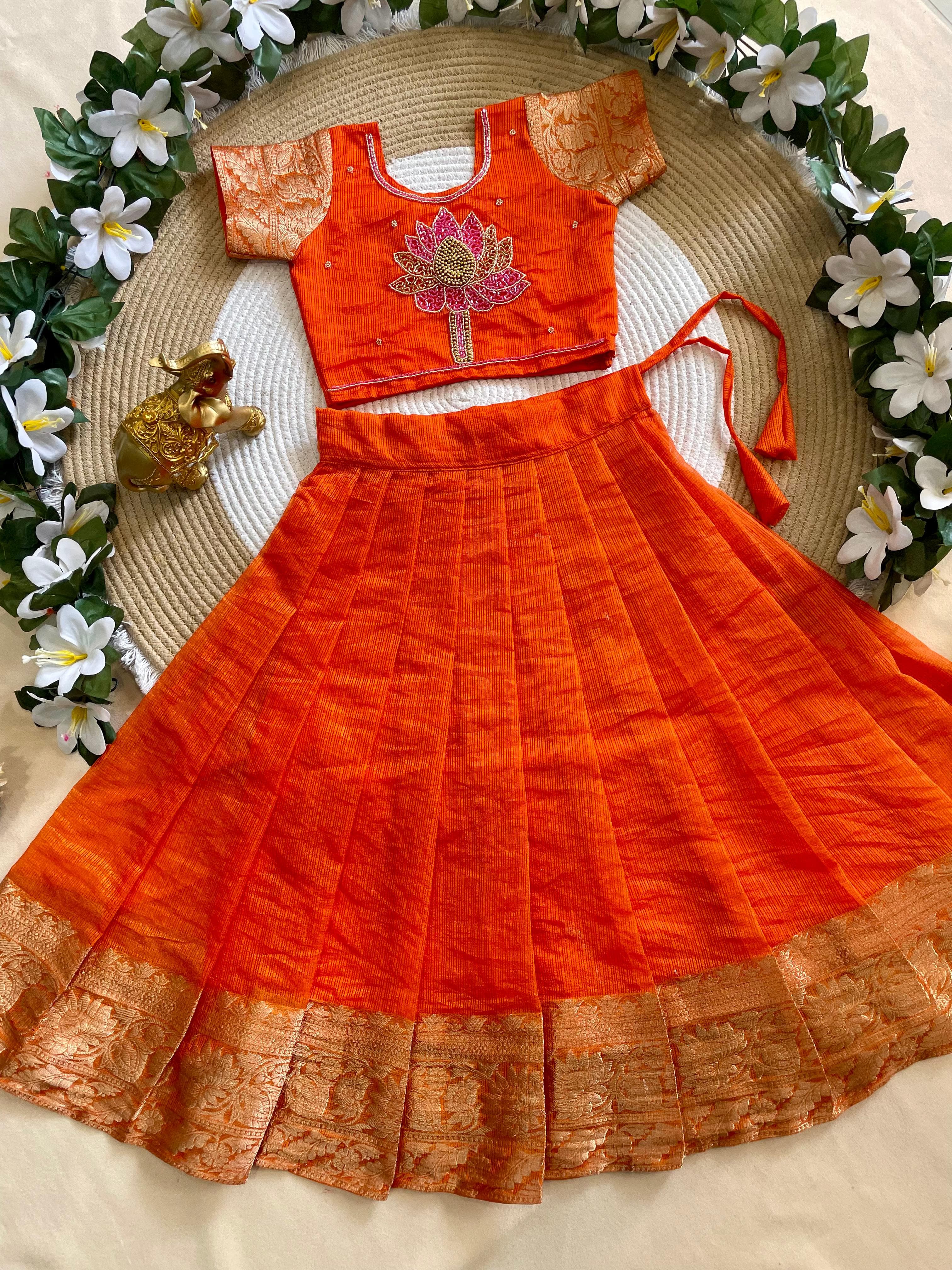 Orange Pure Kota Cheks Maggam Work Kids Gown 