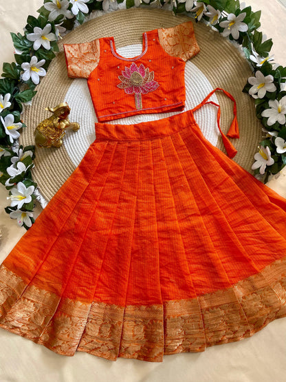 Orange Pure Kota Cheks Maggam Work Kids Gown 