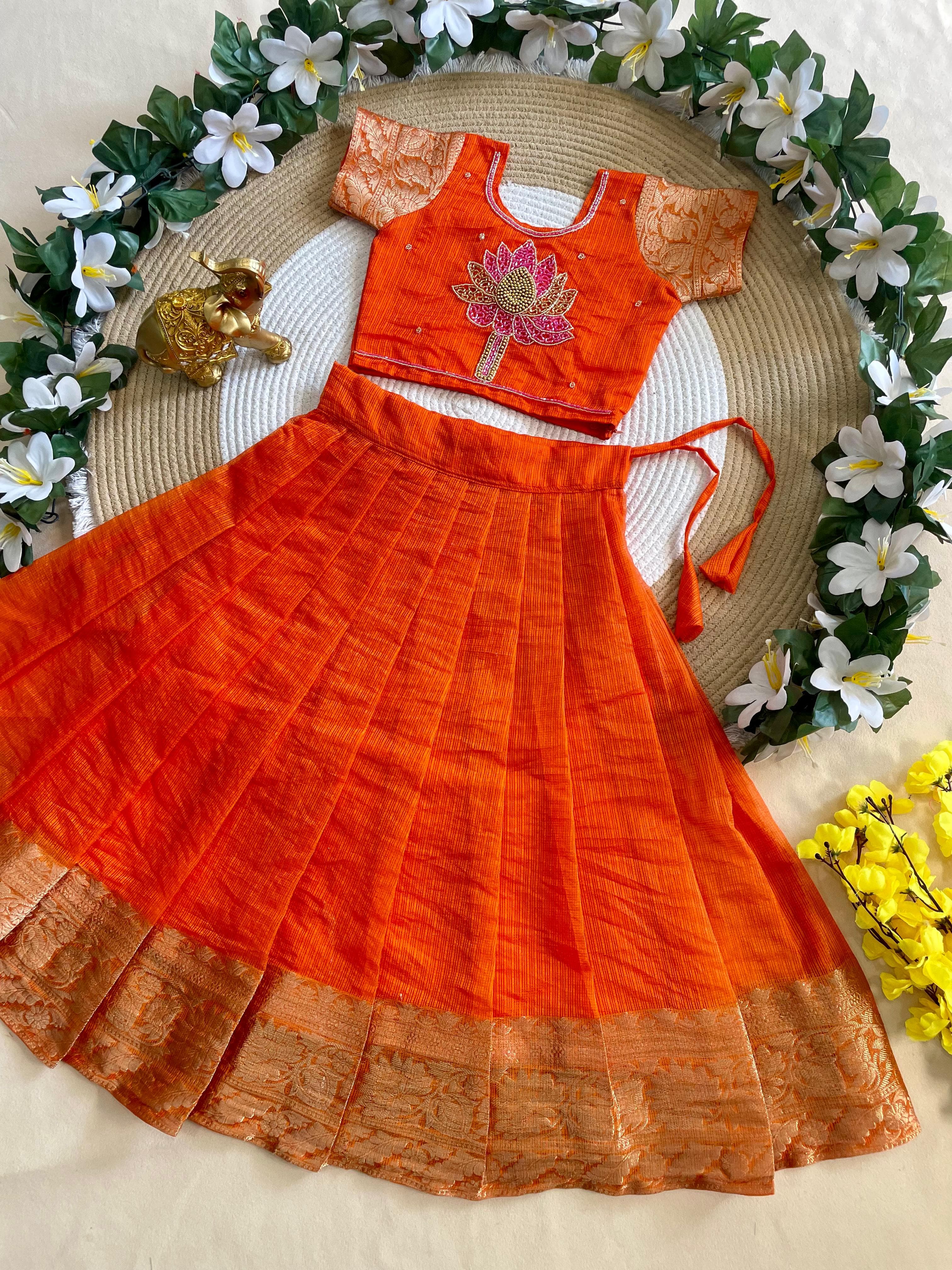 Orange Pure Kota Cheks Maggam Work Kids Gown 