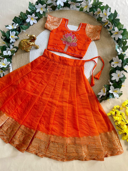 Orange Pure Kota Cheks Maggam Work Kids Gown 