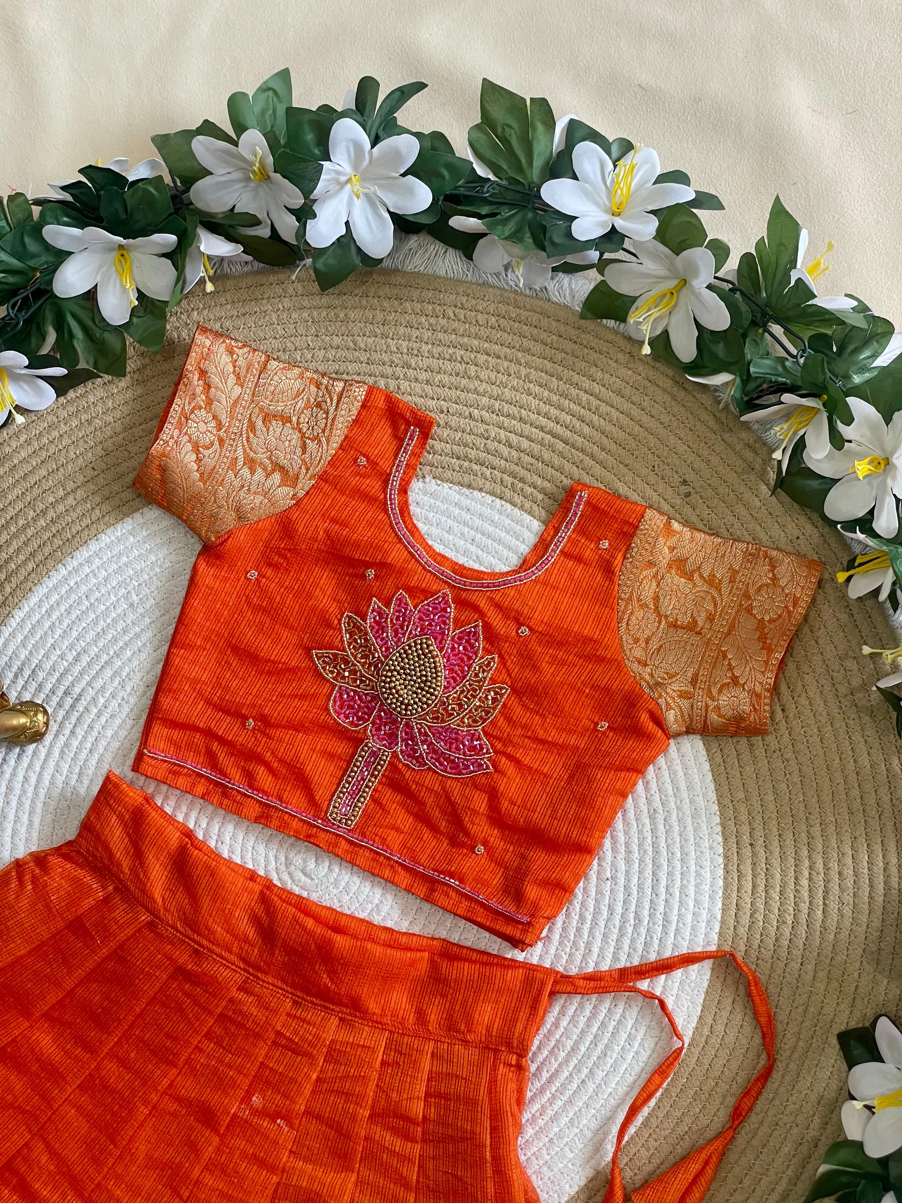 Orange Pure Kota Cheks Maggam Work Kids Gown 