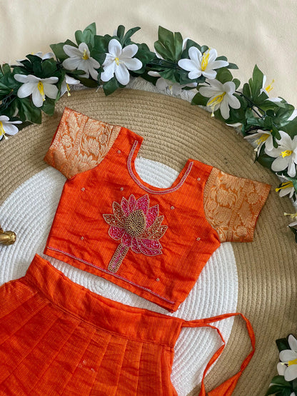 Orange Pure Kota Cheks Maggam Work Kids Gown 