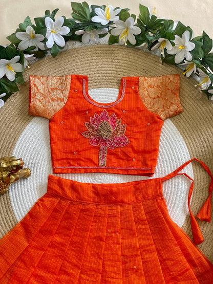 Orange Pure Kota Cheks Maggam Work Kids Gown 