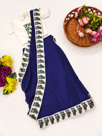 Blue Pure Dola Silk Print Kids Ready to Wear Saree 