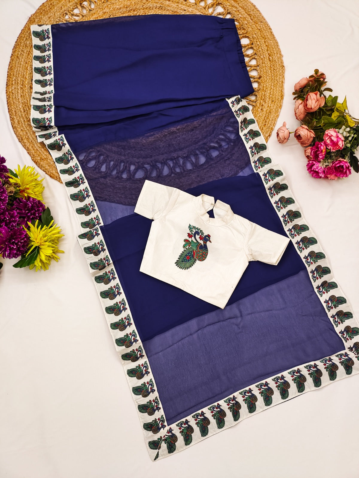 Blue Pure Dola Silk Print Kids Ready to Wear Saree 