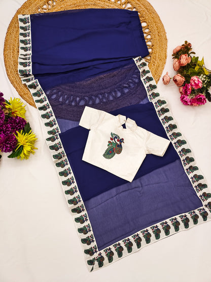 Blue Pure Dola Silk Print Kids Ready to Wear Saree 