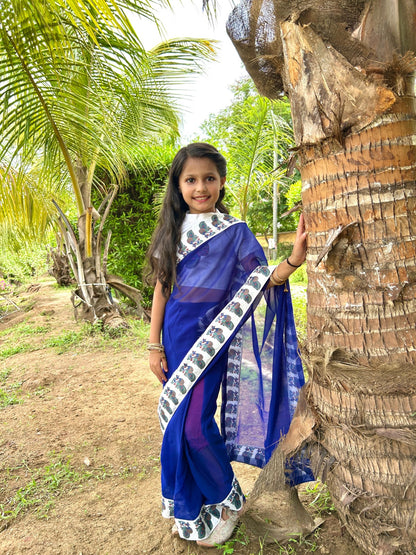 Blue Pure Dola Silk Print Kids Ready to Wear Saree 