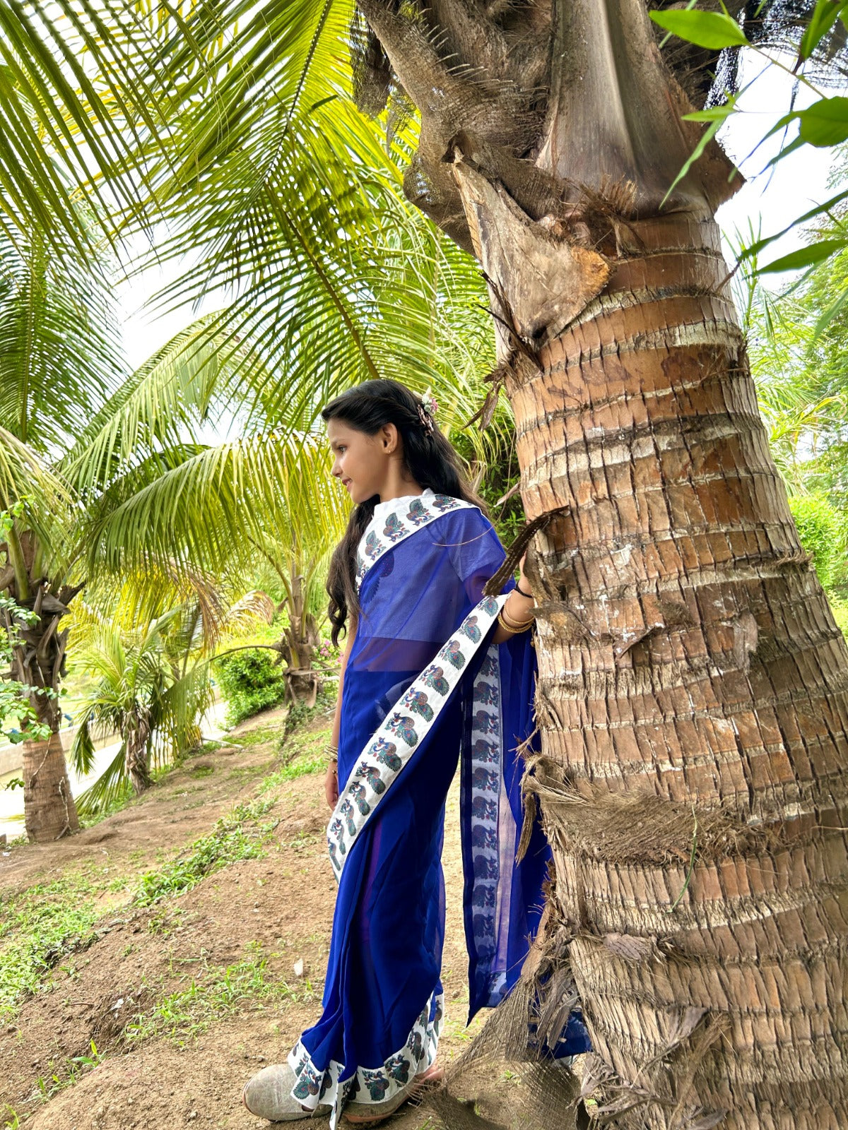 Blue Pure Dola Silk Print Kids Ready to Wear Saree 