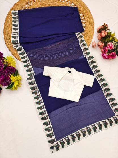 Blue Pure Dola Silk Print Kids Ready to Wear Saree 