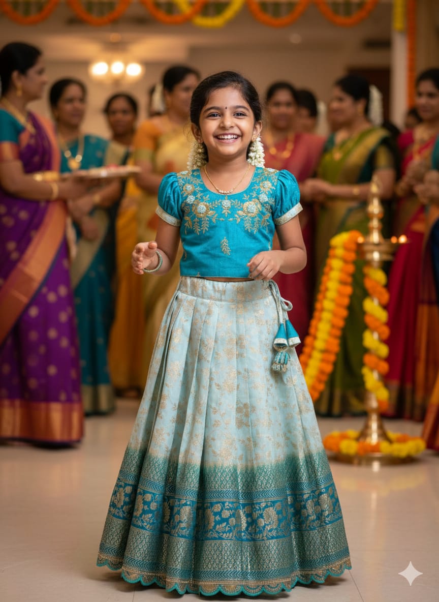 Sky Pure Mona Silk Heavy Maggam Work Kids Lehenga Choli 