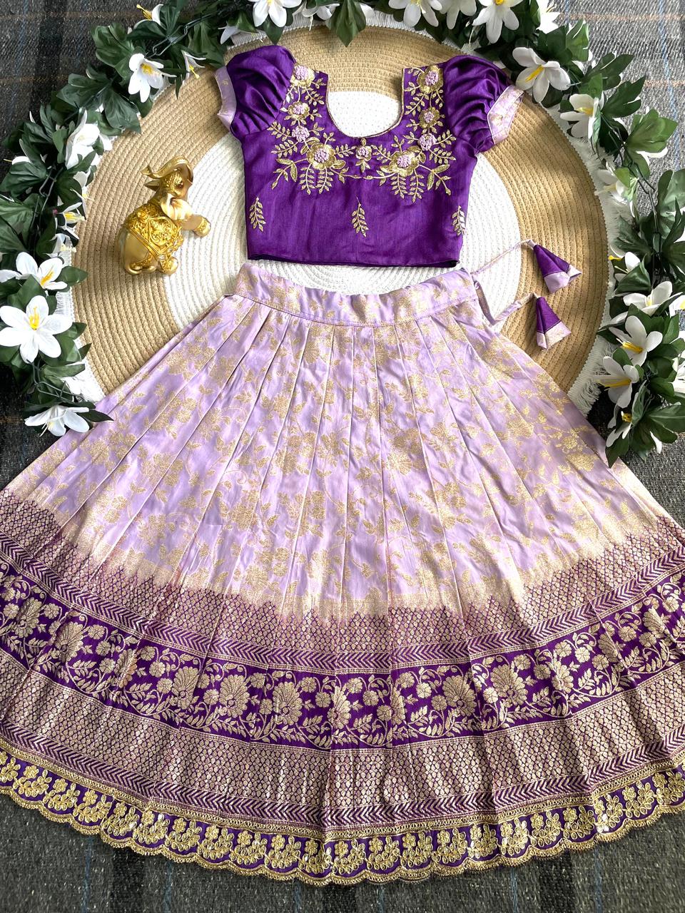 Purple Pure Mona Silk Heavy Maggam Work Kids Lehenga Choli 