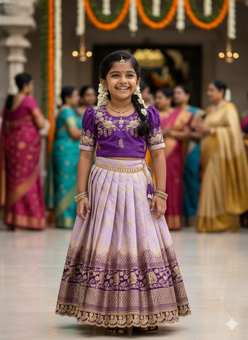 Purple Pure Mona Silk Heavy Maggam Work Kids Lehenga Choli 