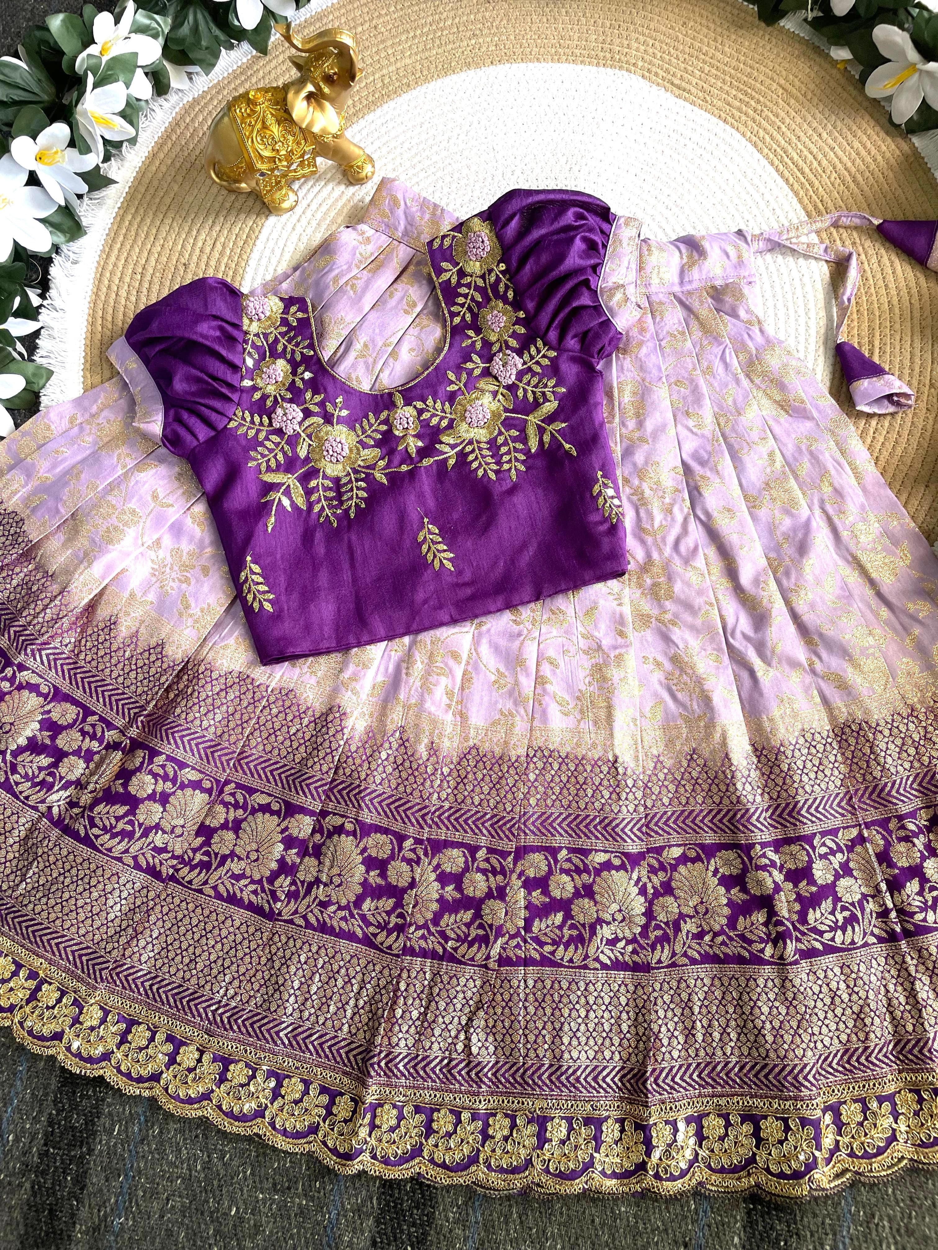 Purple Pure Mona Silk Heavy Maggam Work Kids Lehenga Choli 