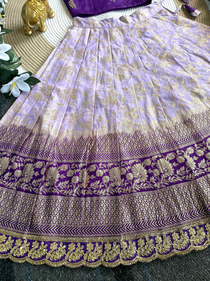 Purple Pure Mona Silk Heavy Maggam Work Kids Lehenga Choli 