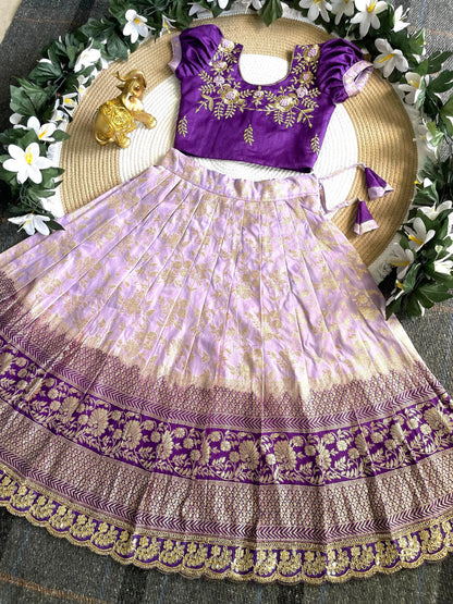 Purple Pure Mona Silk Heavy Maggam Work Kids Lehenga Choli 