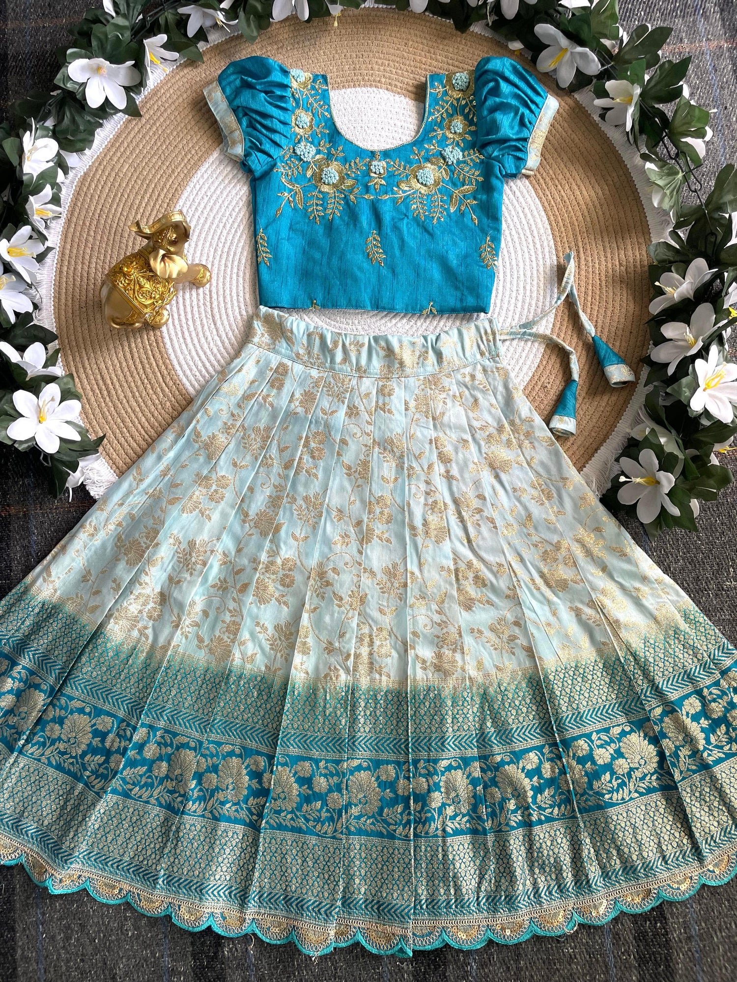 Sky Pure Mona Silk Heavy Maggam Work Kids Lehenga Choli 
