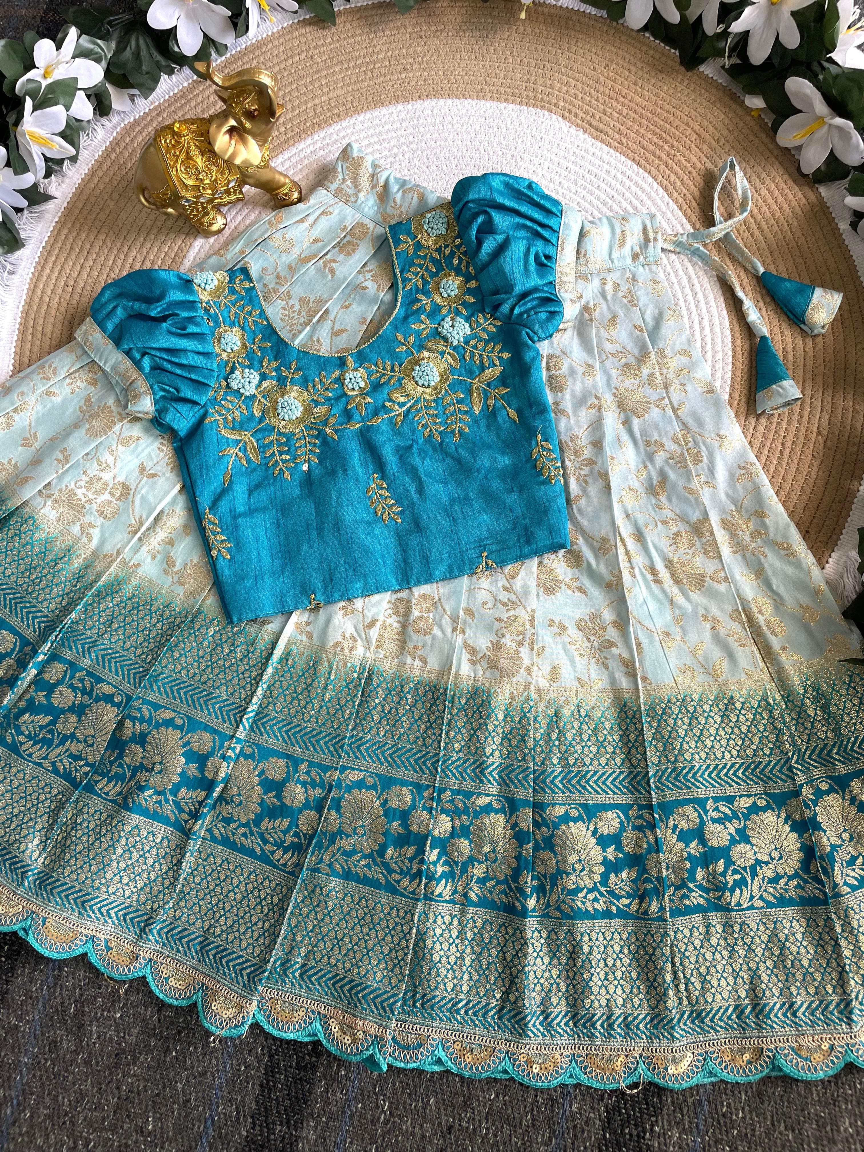 Sky Pure Mona Silk Heavy Maggam Work Kids Lehenga Choli 