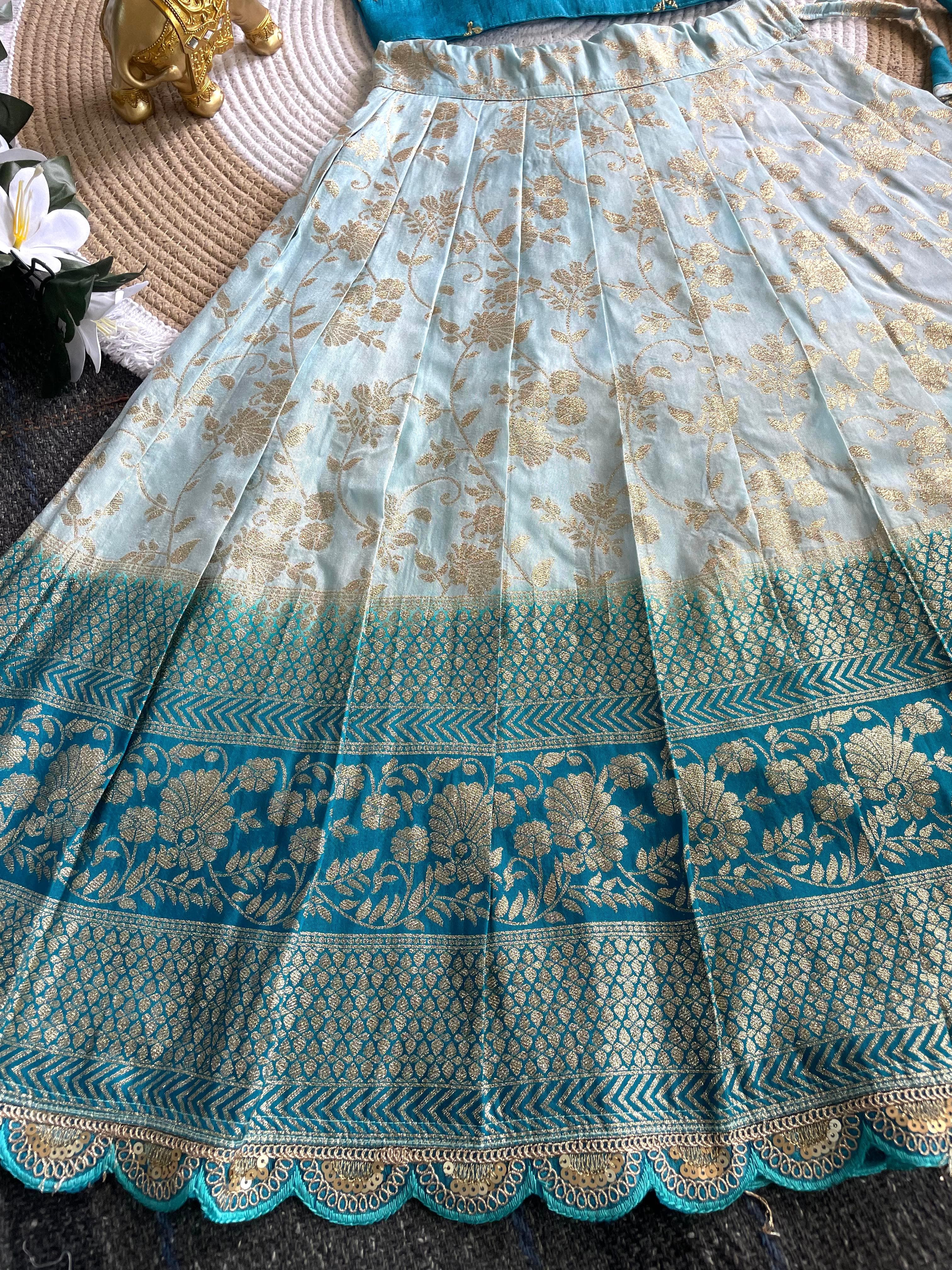 Sky Pure Mona Silk Heavy Maggam Work Kids Lehenga Choli 