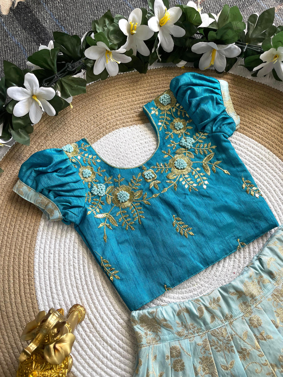Sky Pure Mona Silk Heavy Maggam Work Kids Lehenga Choli 