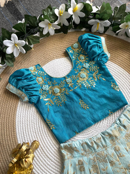 Sky Pure Mona Silk Heavy Maggam Work Kids Lehenga Choli 