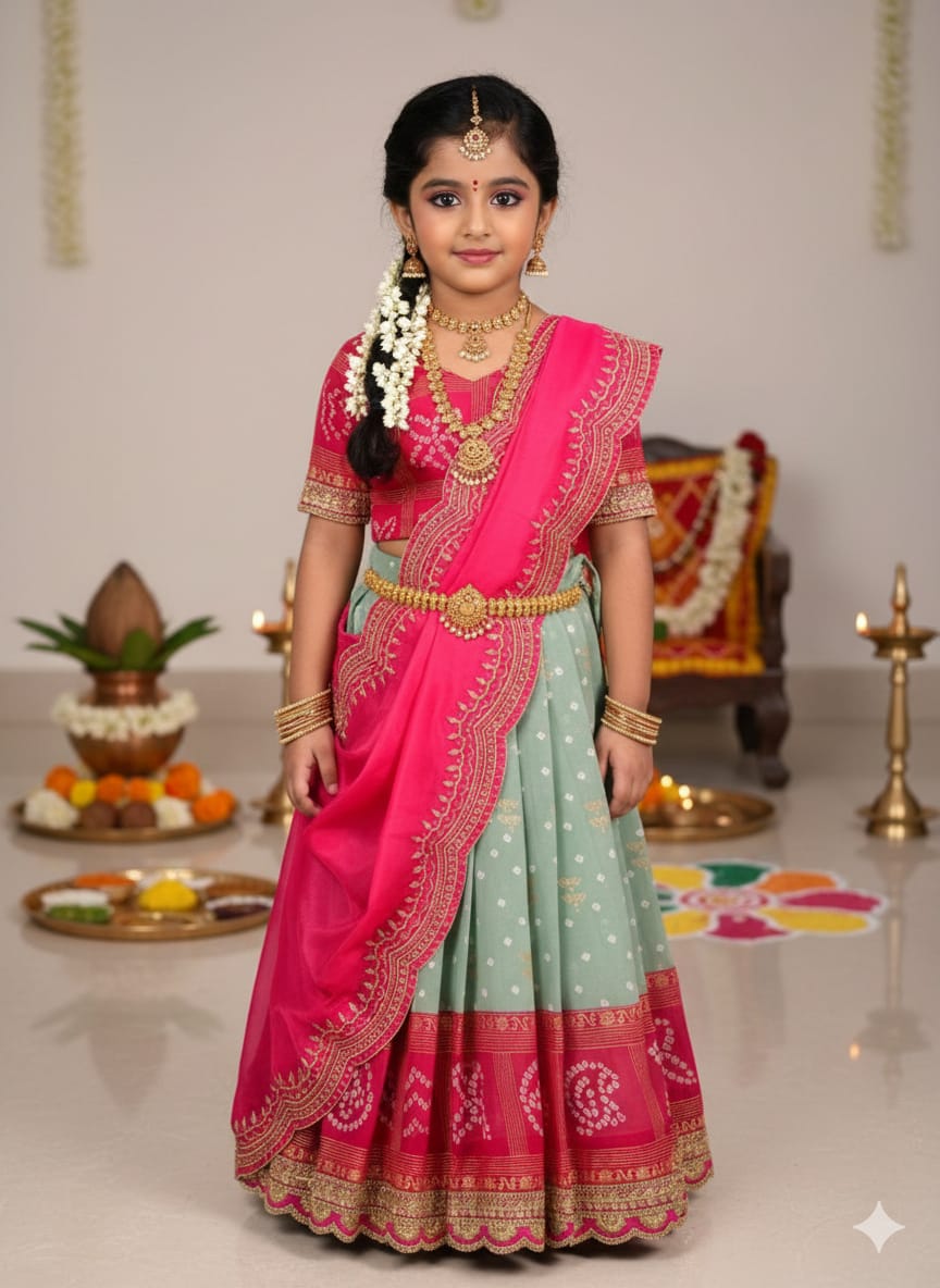 Green Pure Bandhani Silk Foil Print Kids Lehenga Choli 