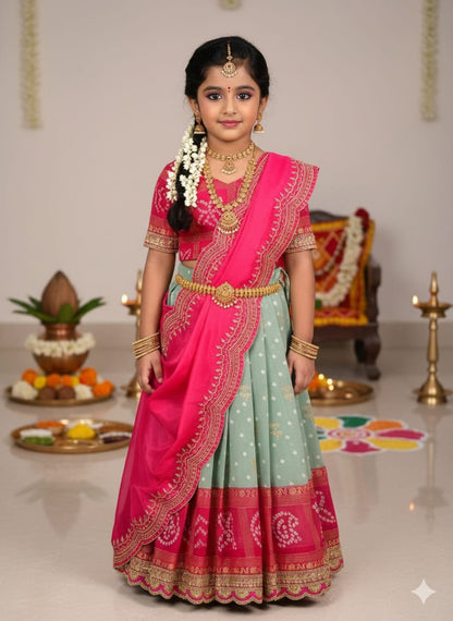 Green Pure Bandhani Silk Foil Print Kids Lehenga Choli 