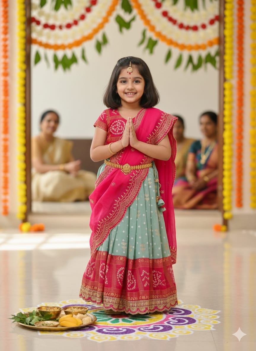 Green Pure Bandhani Silk Foil Print Kids Lehenga Choli 
