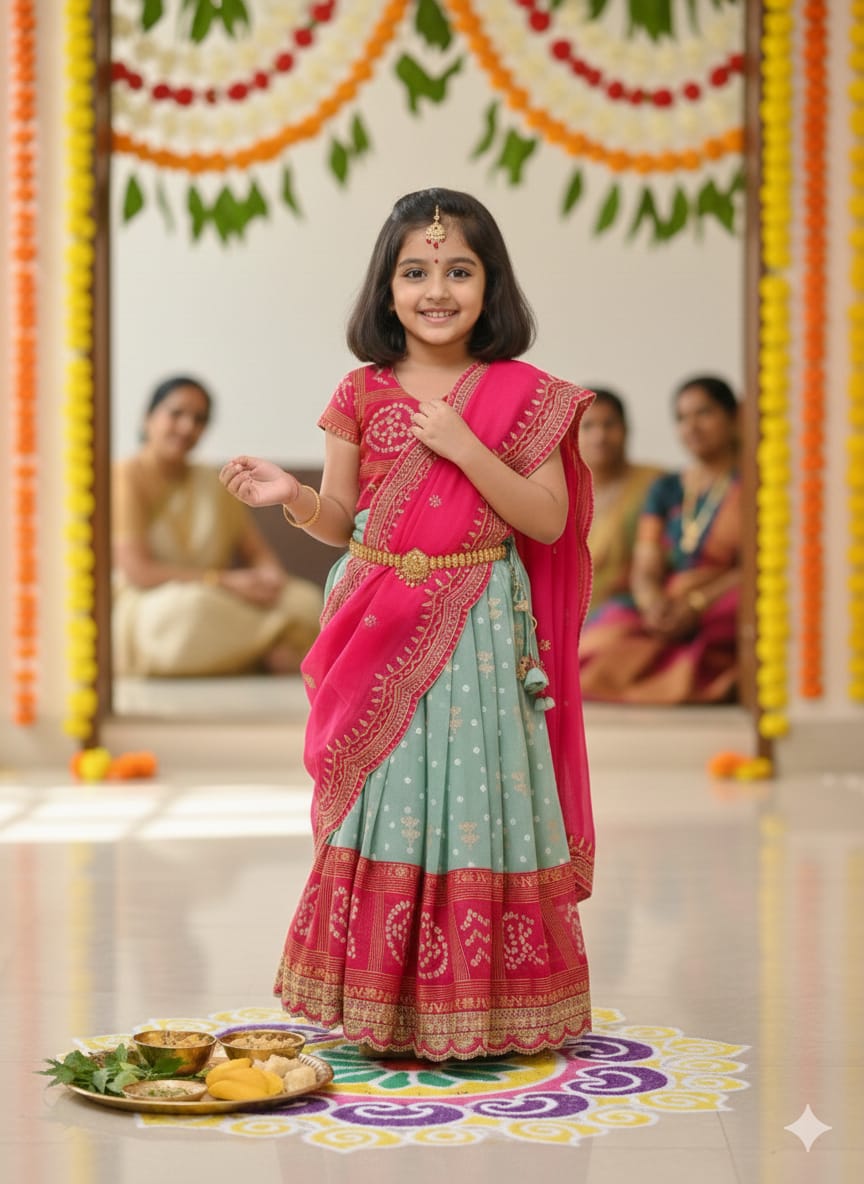 Green Pure Bandhani Silk Foil Print Kids Lehenga Choli 