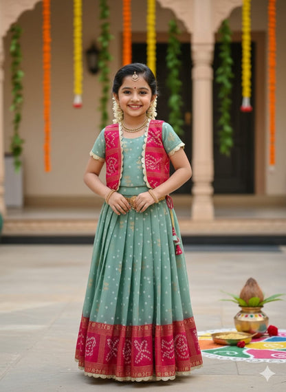 Green Pure Bandhani Silk Foil Print Kids Gown 