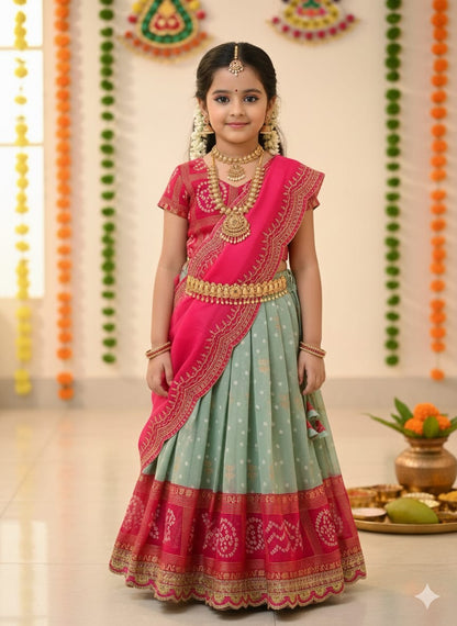 Green Pure Bandhani Silk Foil Print Kids Lehenga Choli 