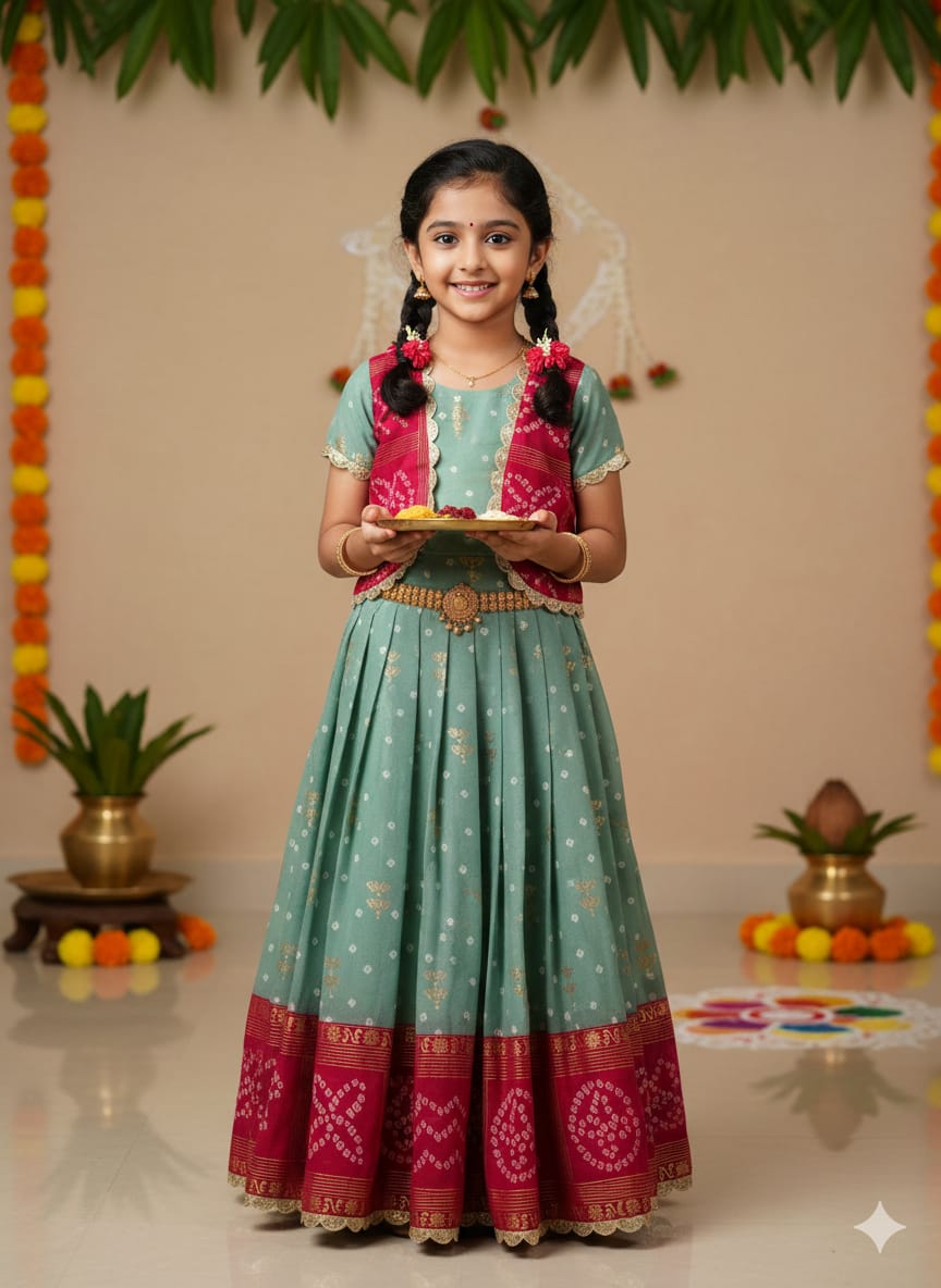 Green Pure Bandhani Silk Foil Print Kids Gown 