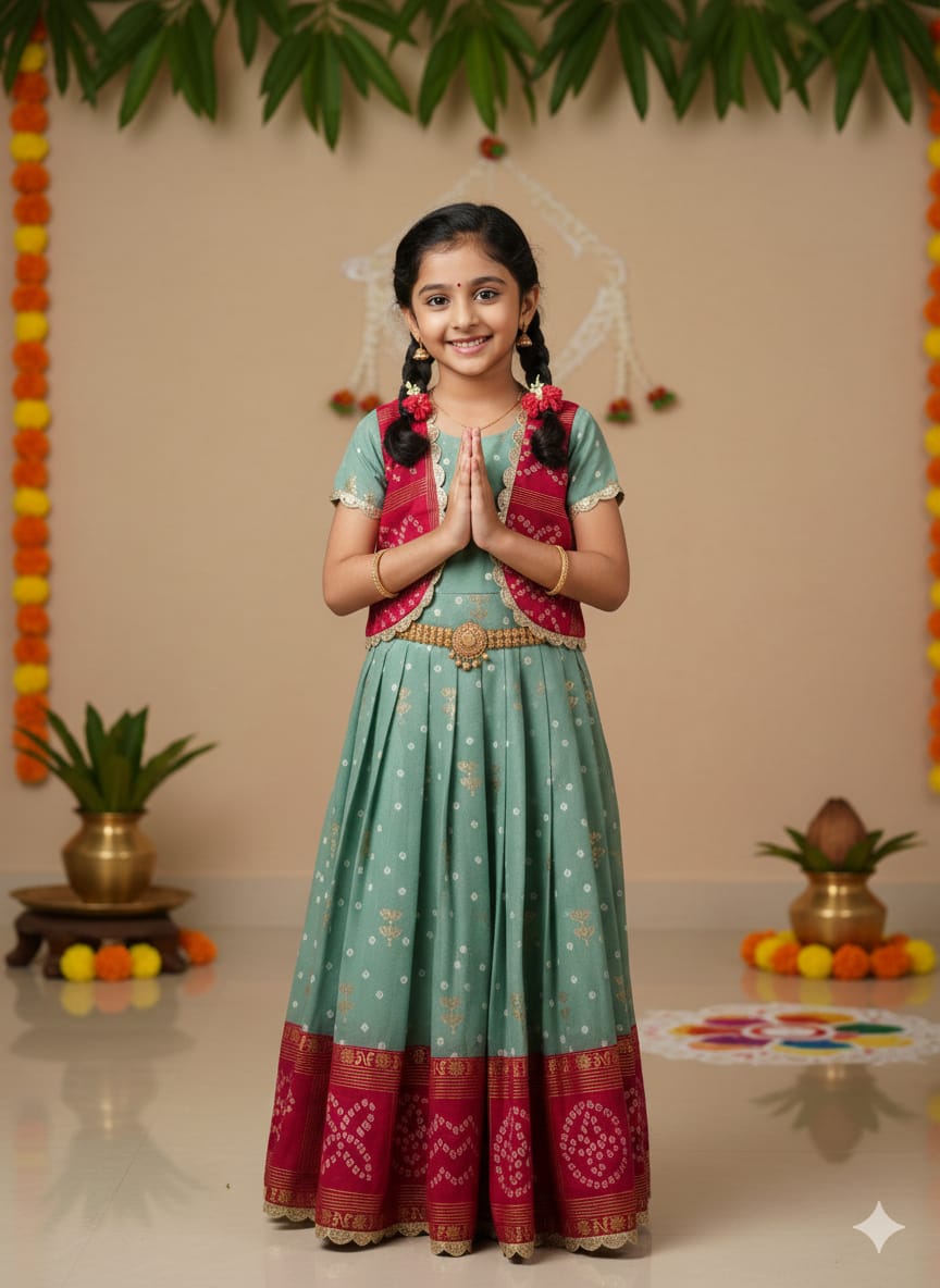 Green Pure Bandhani Silk Foil Print Kids Gown 