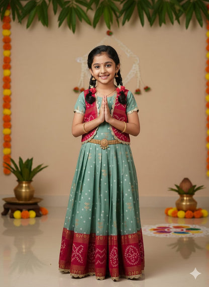 Green Pure Bandhani Silk Foil Print Kids Gown 