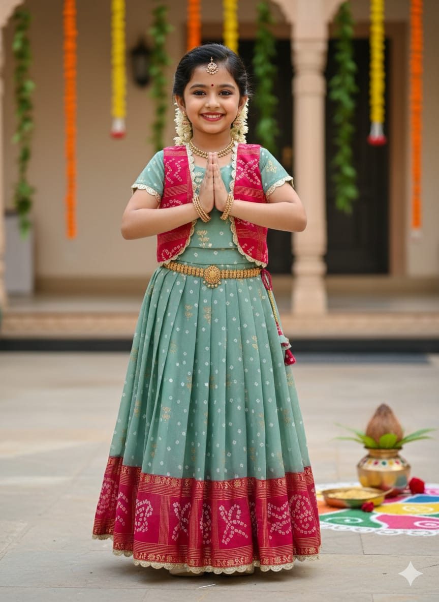 Green Pure Bandhani Silk Foil Print Kids Gown 