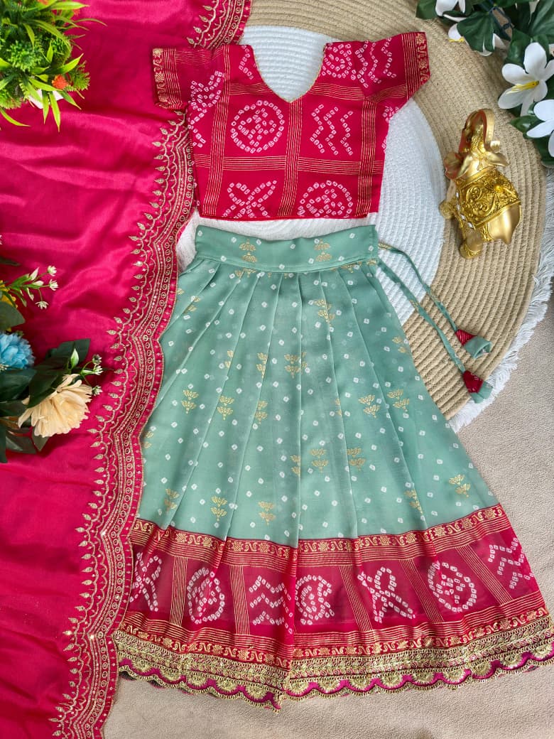 Green Pure Bandhani Silk Foil Print Kids Lehenga Choli 