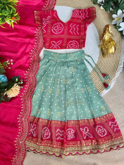 Green Pure Bandhani Silk Foil Print Kids Lehenga Choli 