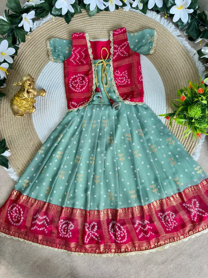 Green Pure Bandhani Silk Foil Print Kids Gown 