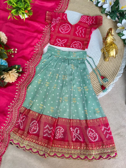Green Pure Bandhani Silk Foil Print Kids Lehenga Choli 