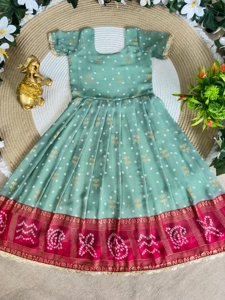 Green Pure Bandhani Silk Foil Print Kids Gown 