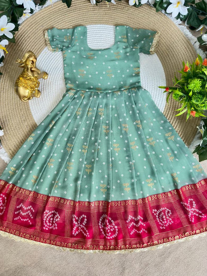Green Pure Bandhani Silk Foil Print Kids Gown 