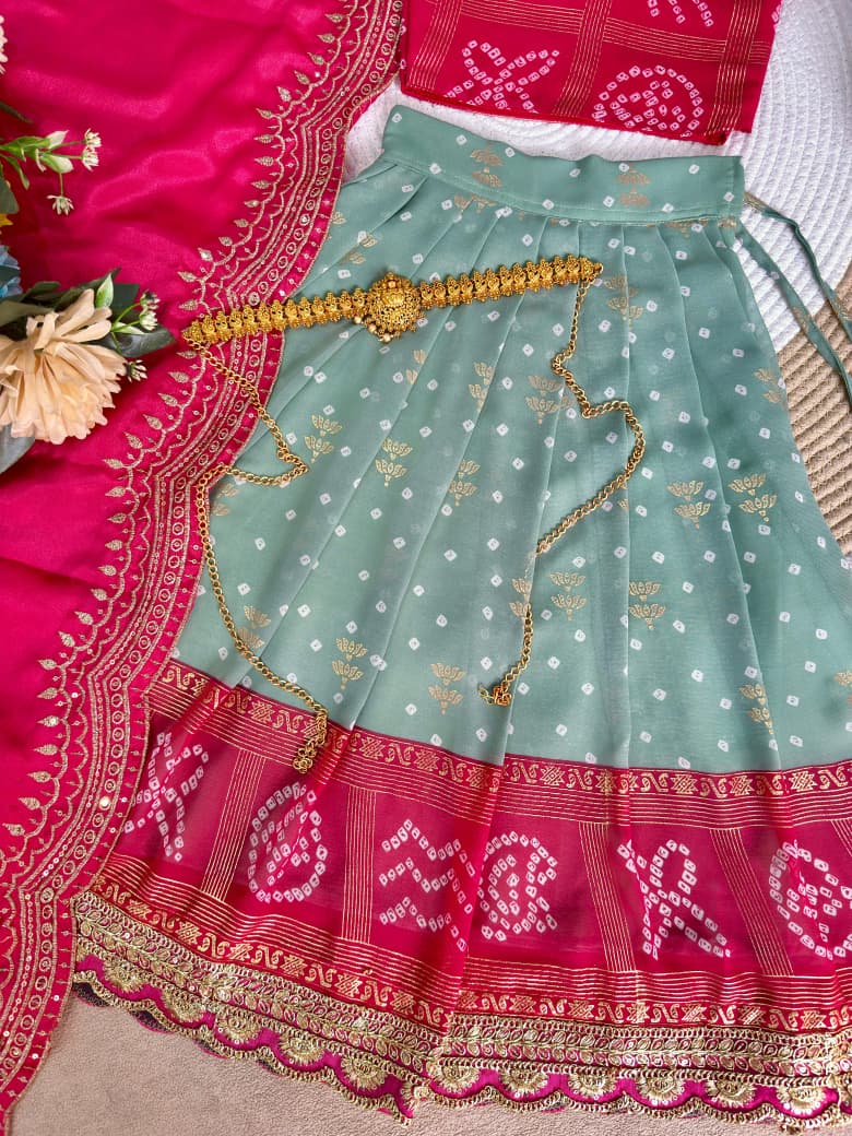 Green Pure Bandhani Silk Foil Print Kids Lehenga Choli 