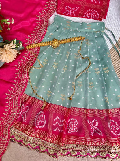 Green Pure Bandhani Silk Foil Print Kids Lehenga Choli 