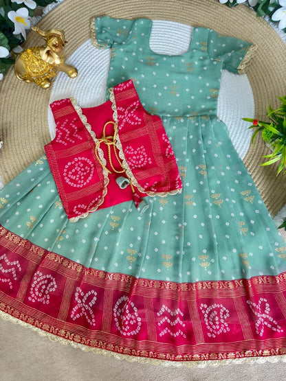Green Pure Bandhani Silk Foil Print Kids Gown 