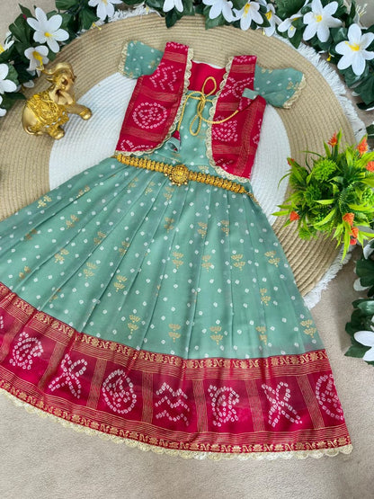 Green Pure Bandhani Silk Foil Print Kids Gown 