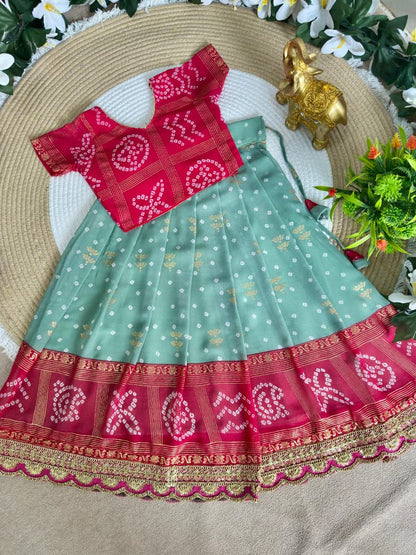 Green Pure Bandhani Silk Foil Print Kids Lehenga Choli 