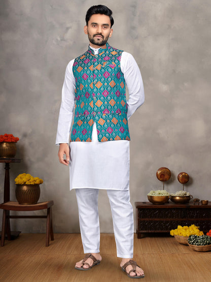 Sky Pure Jecqard Weaving Silk Saree With Kurta Pajama Jacket Matching Couple Combo Set